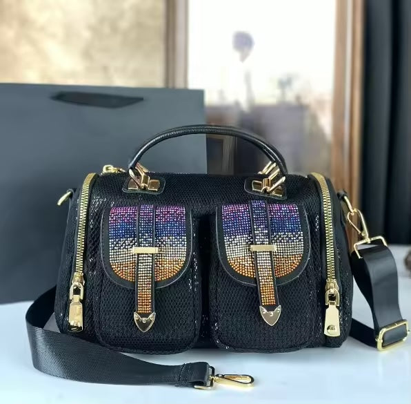 Women’s Rhinestone Satchel Bag with Double Front Pockets