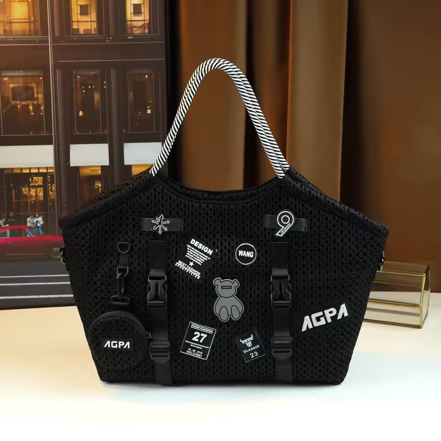Street Mesh Tote Bag with Rope Strap – Trendy Black Shoulder Handbag with Patch Details
