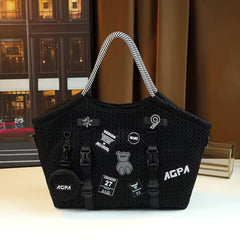 Street Mesh Tote Bag with Rope Strap – Trendy Black Shoulder Handbag with Patch Details
