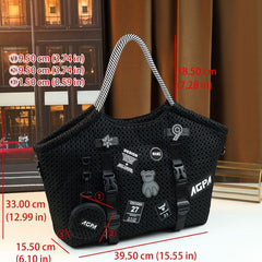 Street Mesh Tote Bag with Rope Strap – Trendy Black Shoulder Handbag with Patch Details