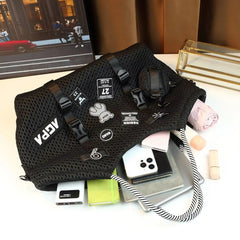 Street Mesh Tote Bag with Rope Strap – Trendy Black Shoulder Handbag with Patch Details